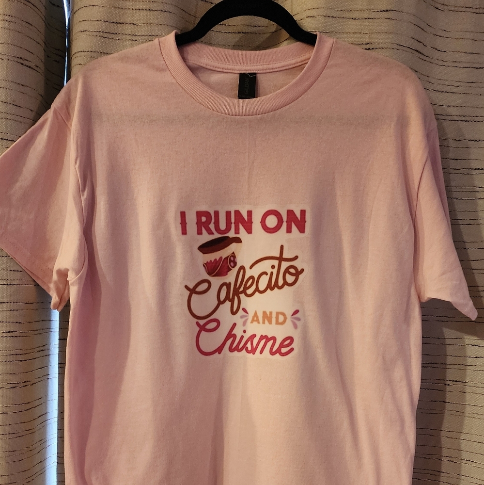Pink Tee with Cafecito and Chisme Graphic